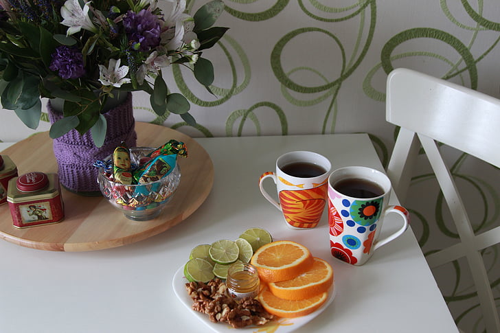 Candy, Tea time, Orange, Tabuľka, šálky čaju, ráno, Raňajky