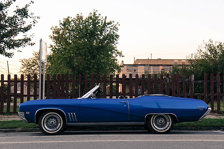 niebieski, Kabriolet, zaparkowany, w pobliżu, płot, samochód, Samochody