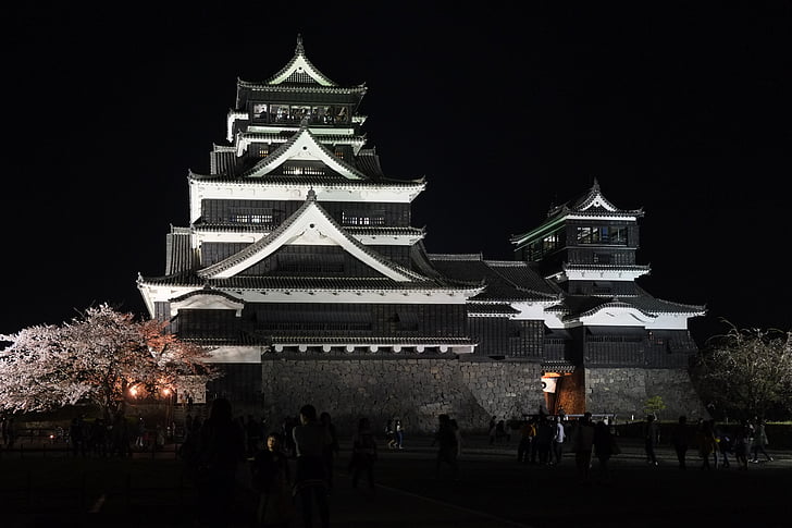 Japão, Kumamoto, Castelo de Kumamoto, Castelo, à noite, cereja