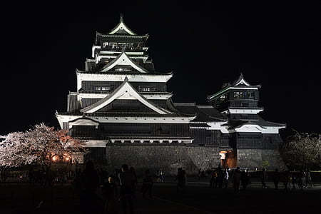 Japán, Kumamoto, Kumamoto kastélyt, Castle, éjszaka, cseresznye