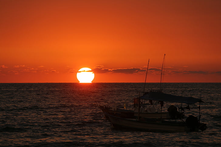 solnedgang mexico, solnedgang, fiskebåt, solnedgang havet, hav, sjøen, solen