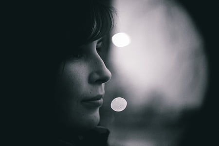 people, girl, lady, face, black and white, bokeh, one Person