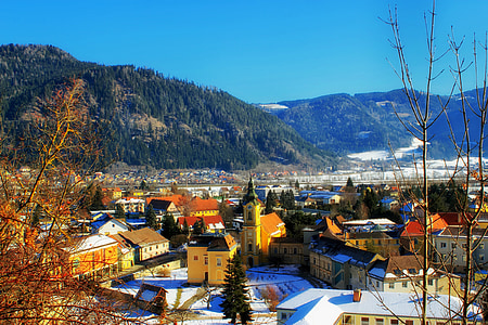 friesach, オーストリア, 町, 村, 山, 雪, 冬