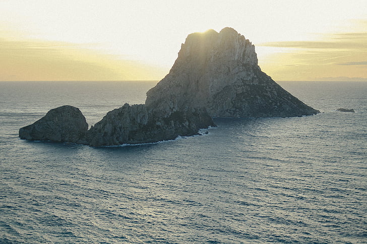 Rock, eiland, sunser, zee, water, Rock island, Sunrise sunset
