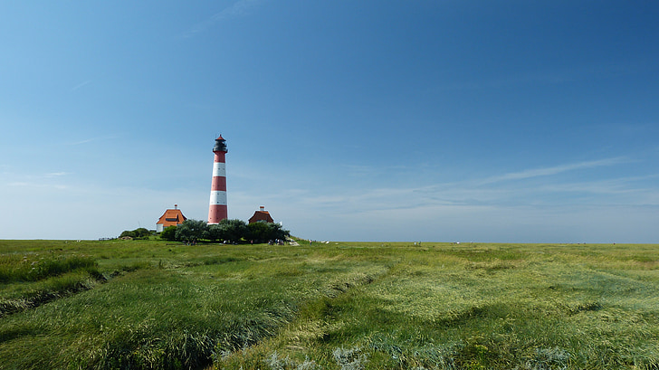 Lighthouse, Westerhever, Nordsjön, Nordfriesland, tidvattenzonen, långt, signal