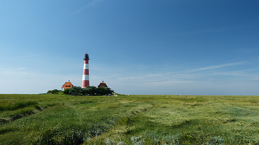Deniz feneri, Westerhever, Kuzey Denizi, Nordfriesland iline bağlı, gelgit bölge, çok, sinyal