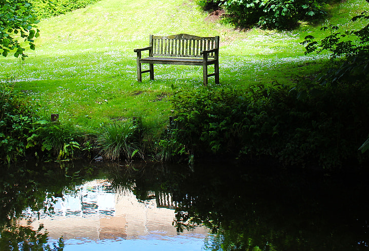 座席, 池, 一人で, 自然, 水, 公園, 夏