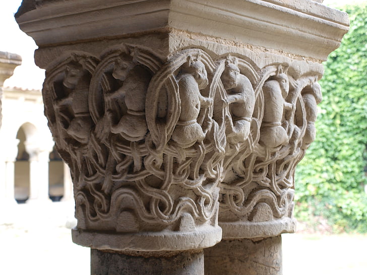 Collégiale, cloisteren, Santa juliana, Santillana del mar, Spanien, kolumn, prydnad