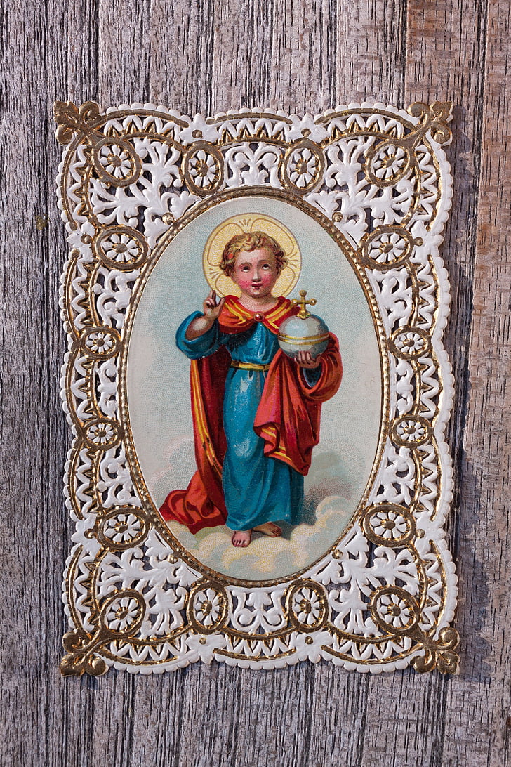 immagine devozionale, Santino, bordo superiore, oro, Gesù, ragazzo, fiore