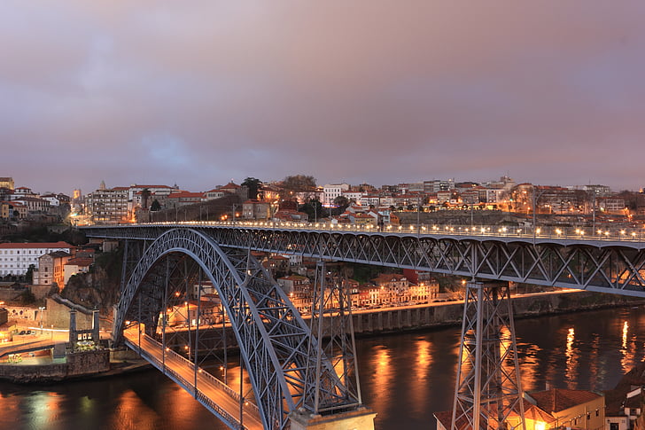 Portugal, Porto, Eifel, ponte, noite, Luiz eu