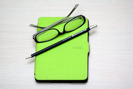 Kindle, bianco carta, libro, dispositivo, occhiali, e-libro, matita