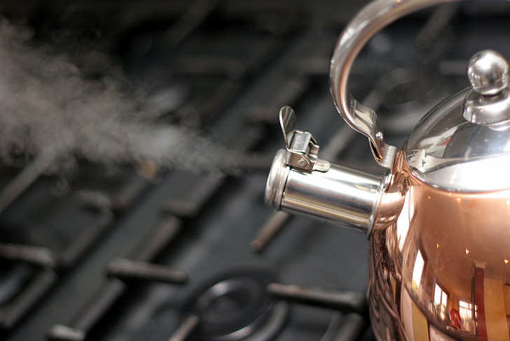 kettle, copper, steam, boiling, boil, water, ready