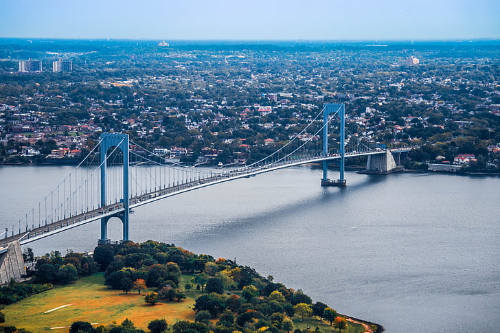 suspension bridge, bridge, new york, aerial view, architecture, america, urban