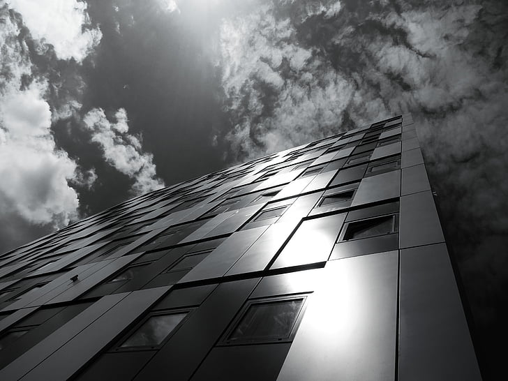 architecture, black and white, building, clouds, construction, futuristic, glass