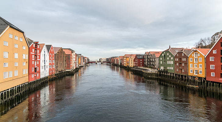 Trondheim, Norvegia, architettura, Ponte, colorato, fiume, Europa