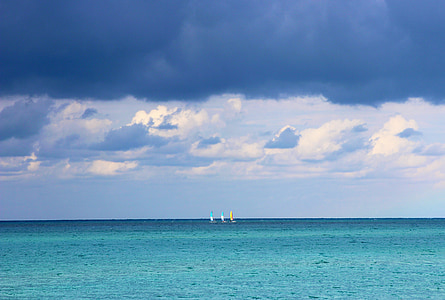 océan, bateau voile, eau, nuages, horizon, bleu