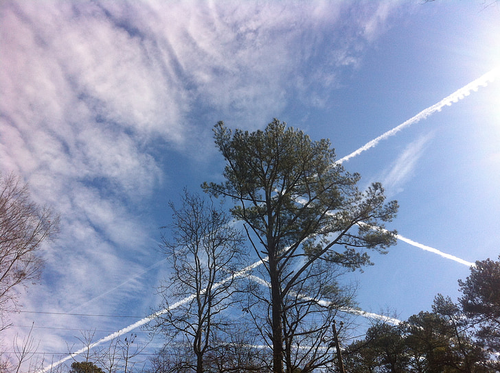sky, contrails, clouds, trails, blue, fly, high