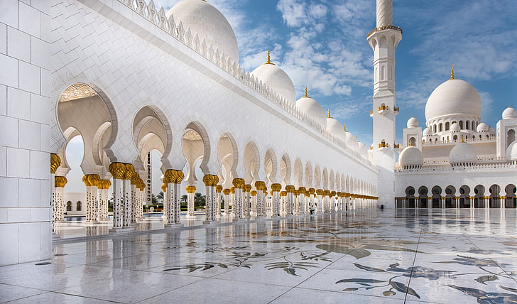 Mosquée, Abu dhabi, voyage, blanc, architecture, Orient, Dôme