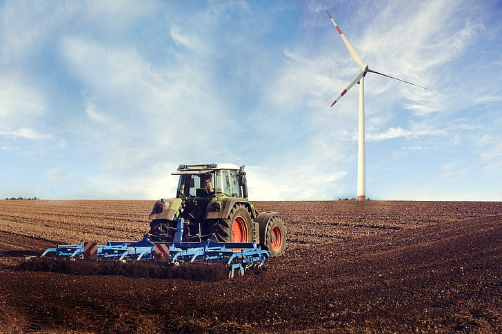 jordbruket maskin, vindsnurra, fältet, blå, sommar, fältarbete, förnybar energi