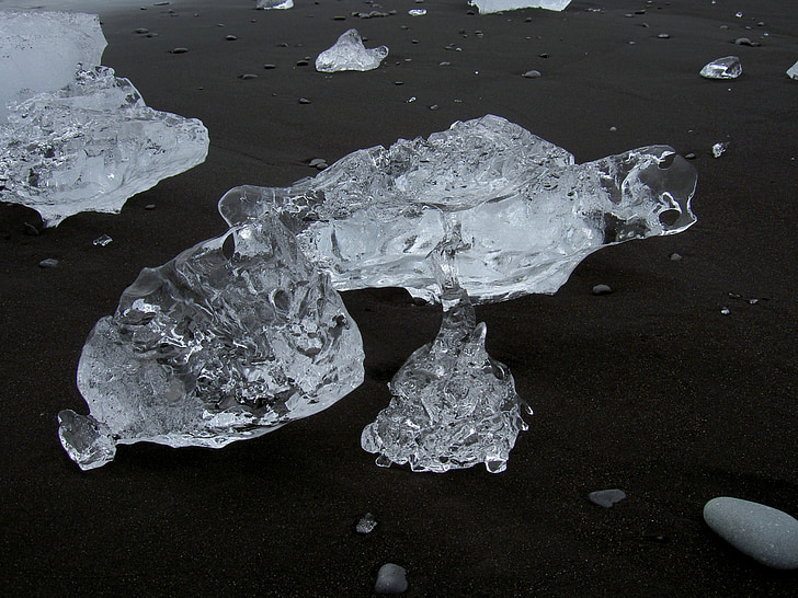 ice, transparent, beach, black, iceland, chunks of ice, stones