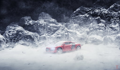 snow, cars, miniature, winter, cold, ice, road