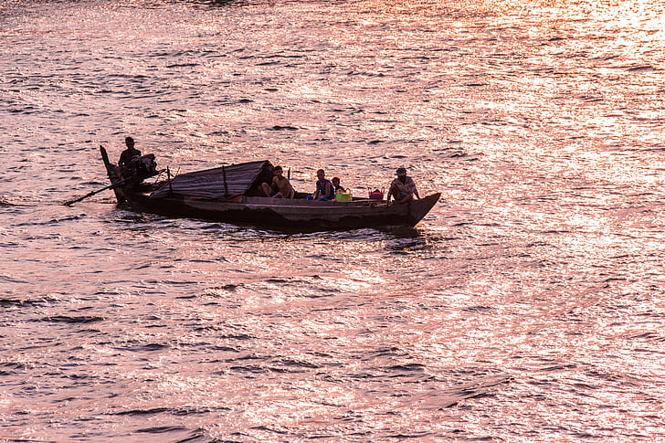 Mekong-folyó, folyó, abendstimmung, boot, hajó, víz, szállítás