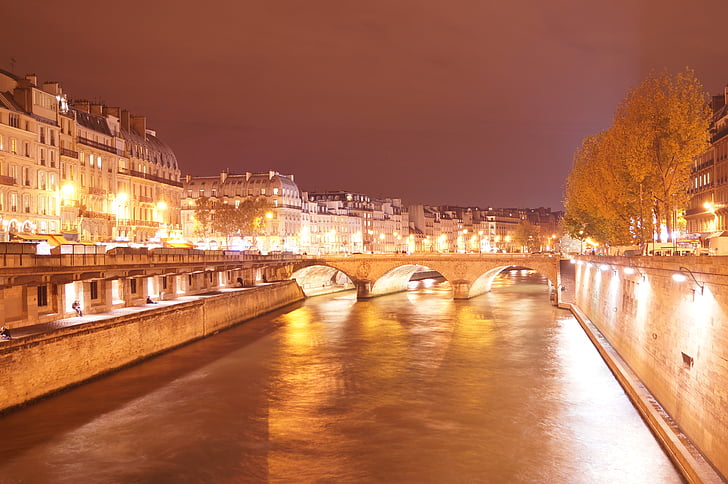 Париж, Сена, Река, мосты, город, ночь, Столица