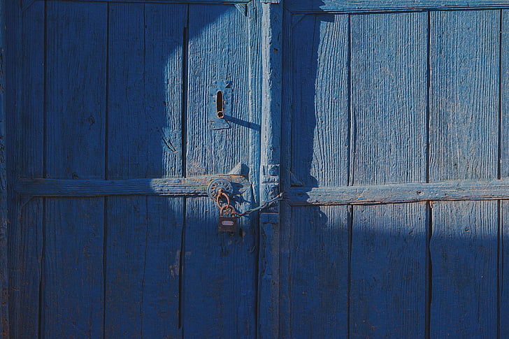 синьо, дървени, порта, метал, вратата, закрепване, стар