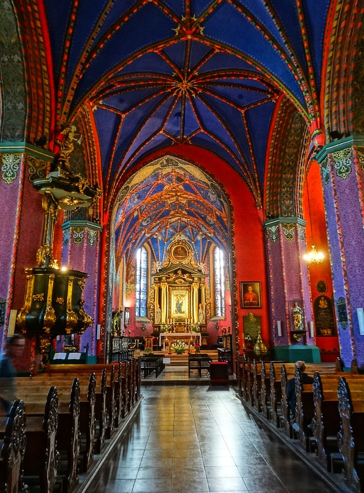 Bydgoszcz, Domkyrkan, interiör, kyrkan, färgglada, inredning, religiösa