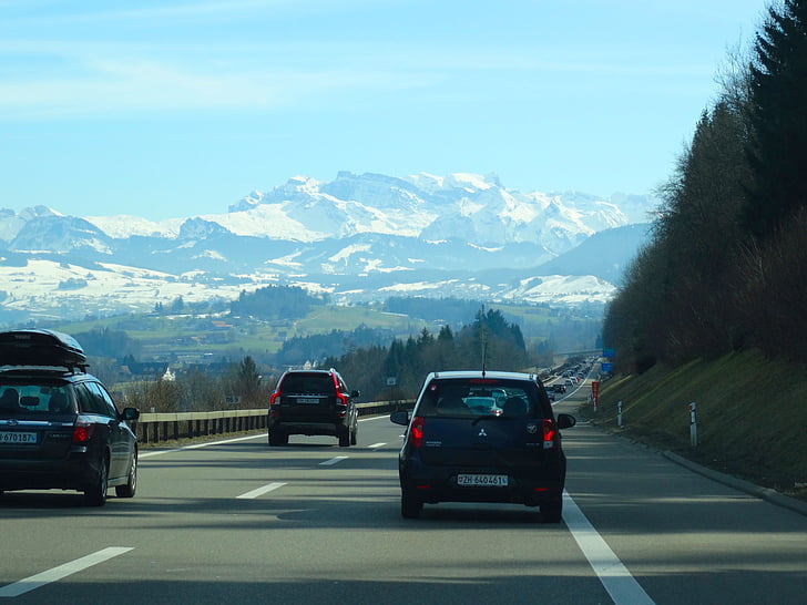 highway, expressway, roadway, mountains, snow mountains, foresight, vehicles