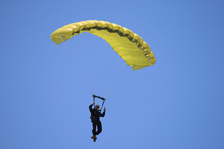 parachutist, parachute, yellow, jump, sky, dom, flight