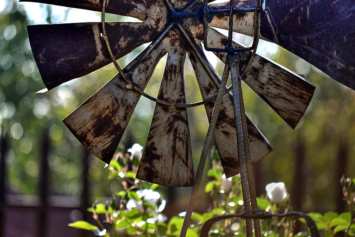 windmill, garden, rusted, decorative, hanging, no people, day