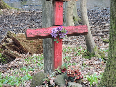 cross, grave, flowers, purple, violet, red, forest