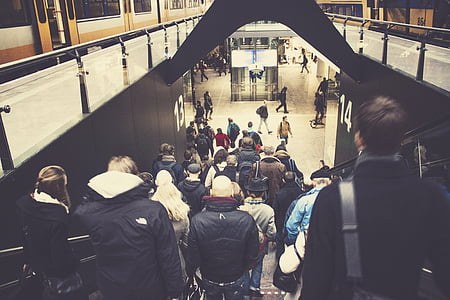 public, transport, gens, escalator, station, trains, escaliers
