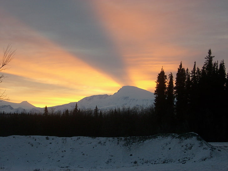posta de sol, paisatge, muntanya, l'hivern, Wrangell-st elias, Parc i reserva nacionals, Alaska