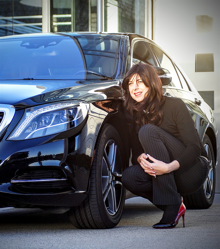 affärskvinna, Mercedes, svart, glänsande, design, Auto, eleganta