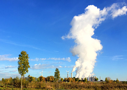 landscape, nature, coal fired power plant, wind power, sky, clouds factory, steam