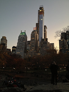 Nova York, Nova york, horitzó, posta de sol, capvespre, edifici, gratacels