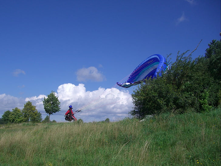 paragliding, start trial, pilot, paraglider, floating sailing, sky, blue