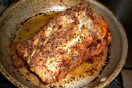 roast pork, pan, frying pan, pork, frying, roast, meal