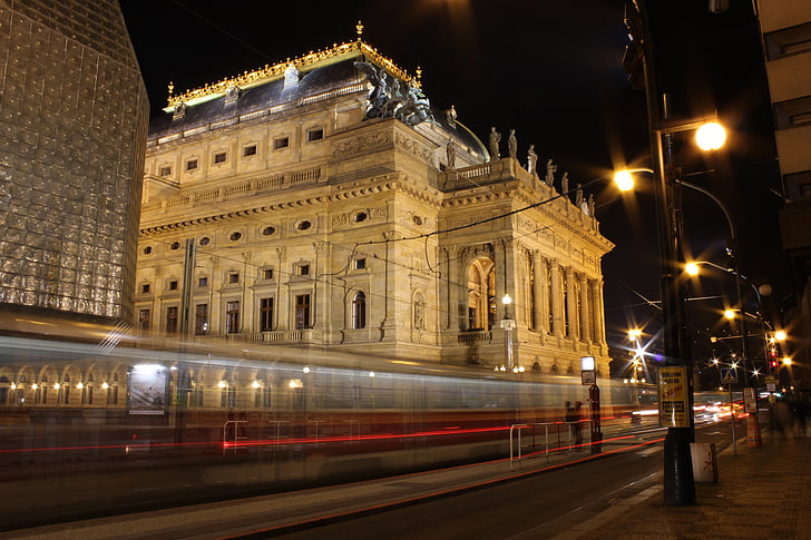 Prag, Ulusal Tiyatro, tramvay, Kırmızı, gece, Geçmiş, gökyüzü