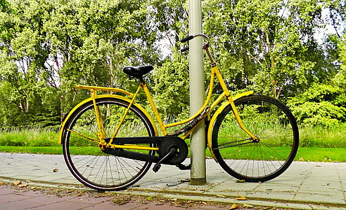 bicicleta, bicicleta, vintage, bicicleta amarela, moto estacionado, urbana, rua