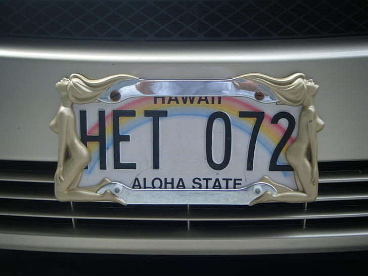 license plate, hawaii, big iland, aloha state, text, communication, indoors