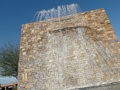 waterfall, brick wall, blue sky, wall, water, brick, stone
