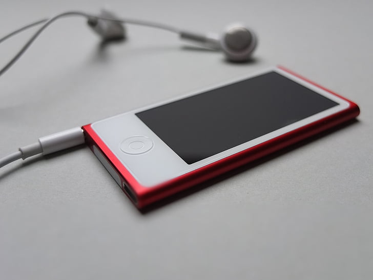 musikk, iPod, hodetelefoner, Apple, Nano, sanger, rød