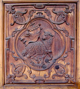 carving, relief, lamb, pew