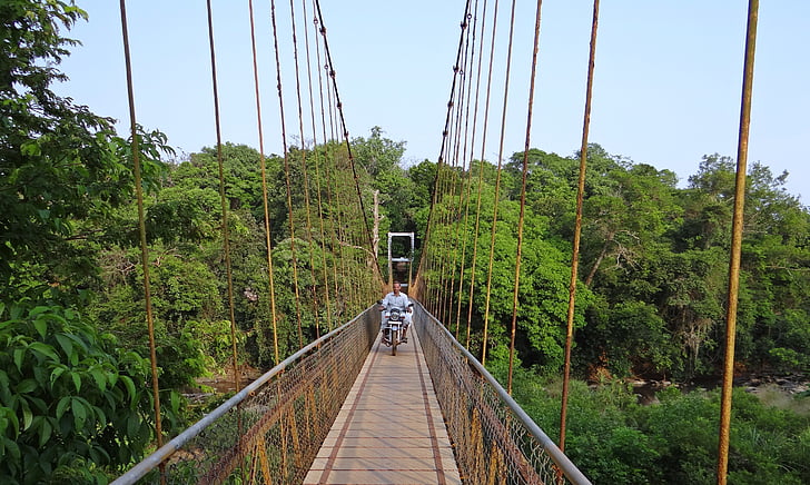 bridge, hanging, suspension, rope, cable, river, footbridge