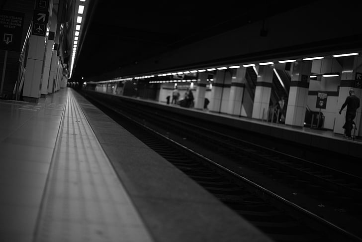 black-and-white, blur, commuter, light, perspective, platform, railroad