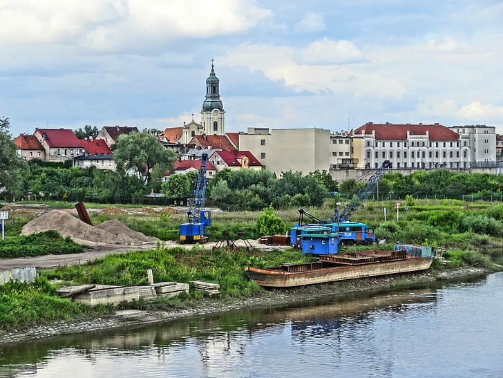 Nhà thờ Saint nicholas, Bydgoszcz, bên sông, Máy xúc, công trường xây dựng, nước, thành phố