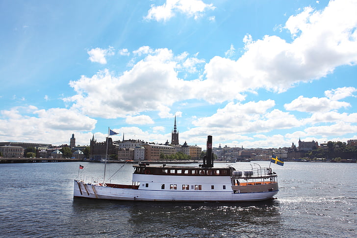 paisaje, barco, Estocolmo, nubes, cielo, ciudad, capital